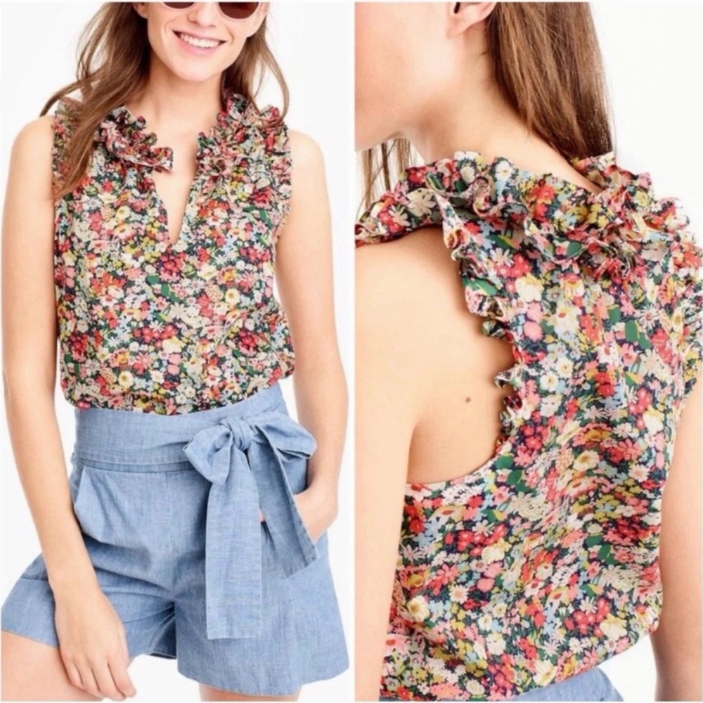 J. Crew Liberty Fabric Thorpe Floral Ruffle Sleeveless Top Blouse Cotton Size 4